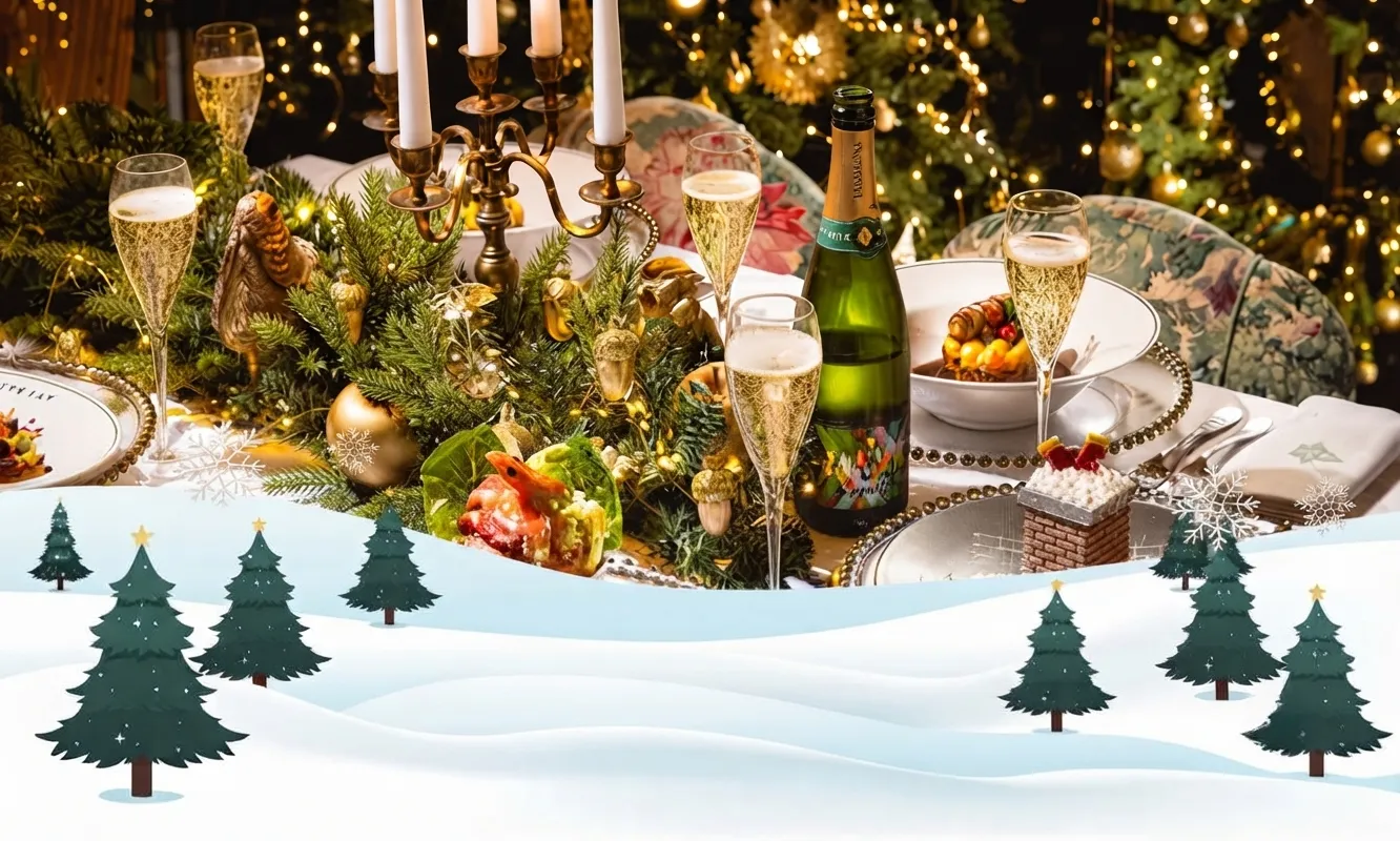 Festive Christmas dining table with champagne and decorations